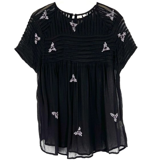 Let It Be Size Small Embroidered Floral Top Sheer Black Blouse Babydoll - Picture 1 of 8